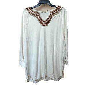 Soft Surroundings Top Women’s Lg 3/4 Sleeve Sarita Embroidered Knit Crochet Boho